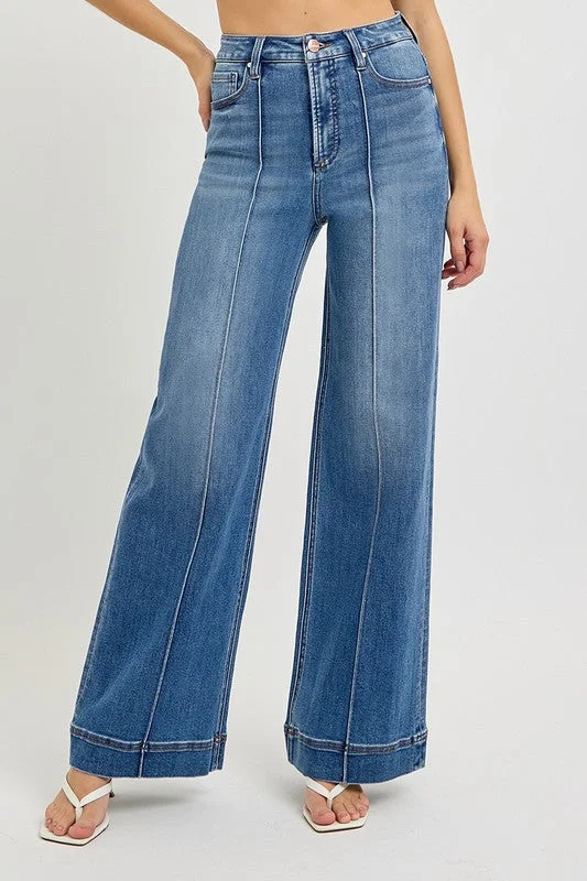 Denim High Rise Front Pintuck Wide Leg Jeans