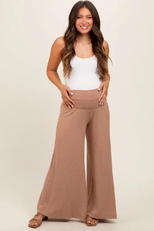 Mocha Ribbed Foldover Waist Maternity Wide Leg Pants