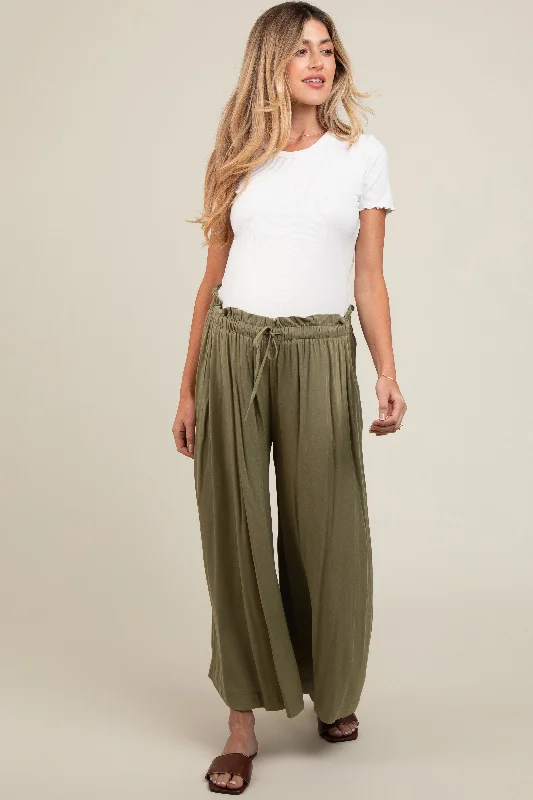 Olive Pleated Elastic Waist Wide Leg Crop Maternity Pants