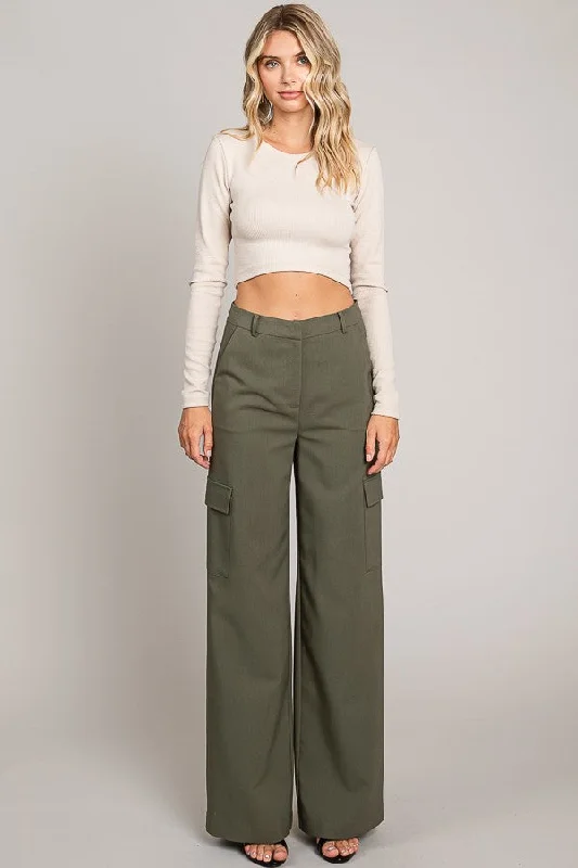 Olive Twill Wide Leg Flap Pocket Pants