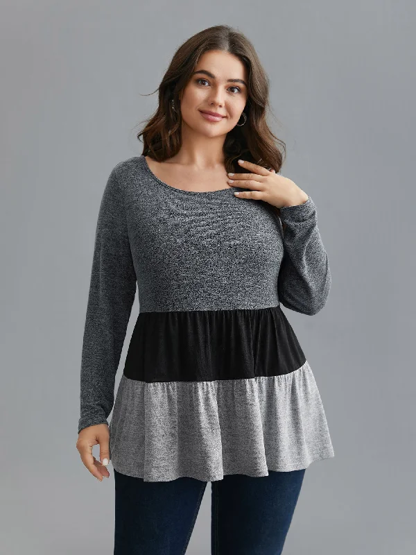 Color Block Round Neck Tiered Knit Top