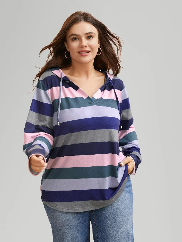 Contrast Striped Hooded Drawstring T-shirt