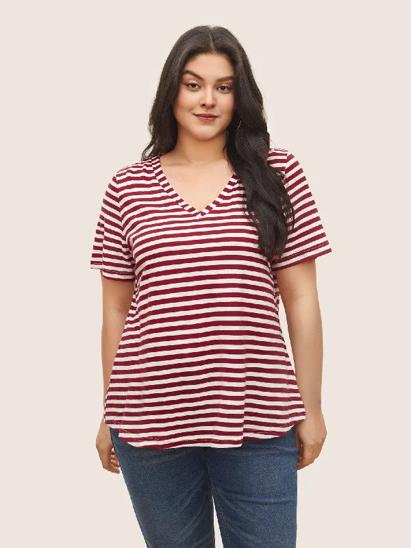 Cotton Contrast Striped V Neck T-shirt