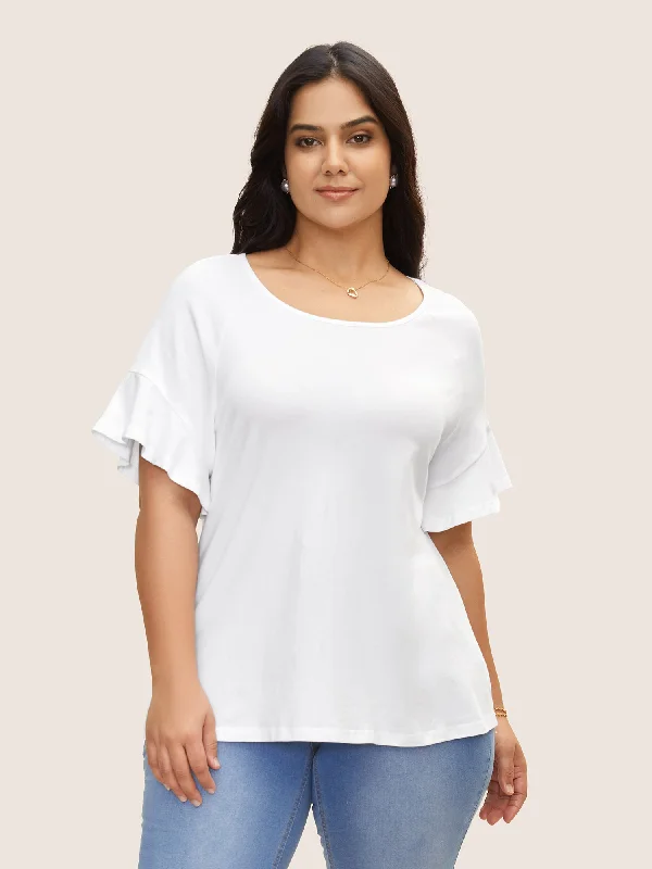 Cotton Round Neck Plain Patchwork Ruffles T-shirt