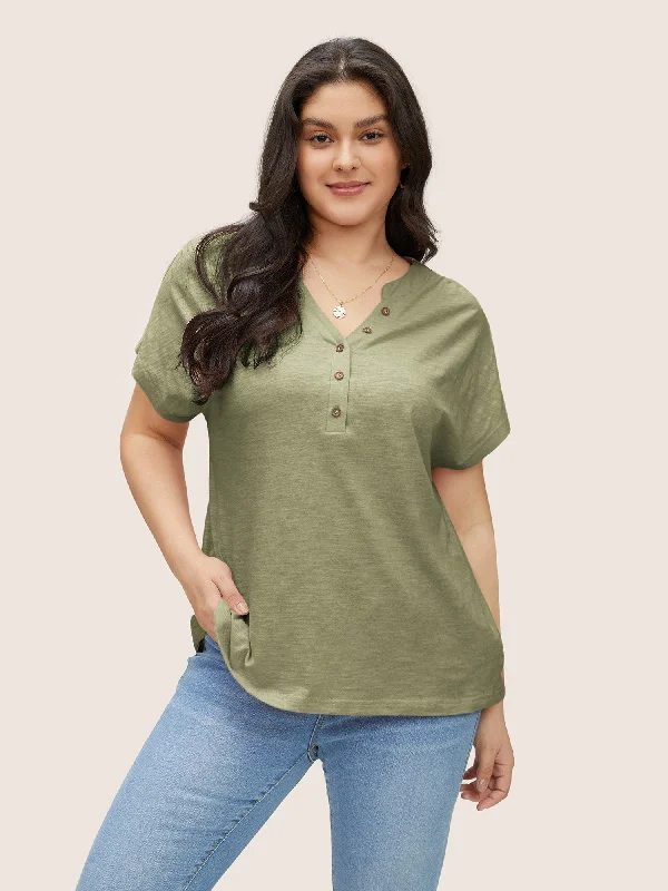 Cotton Solid Notched Dolman Sleeve T-shirt