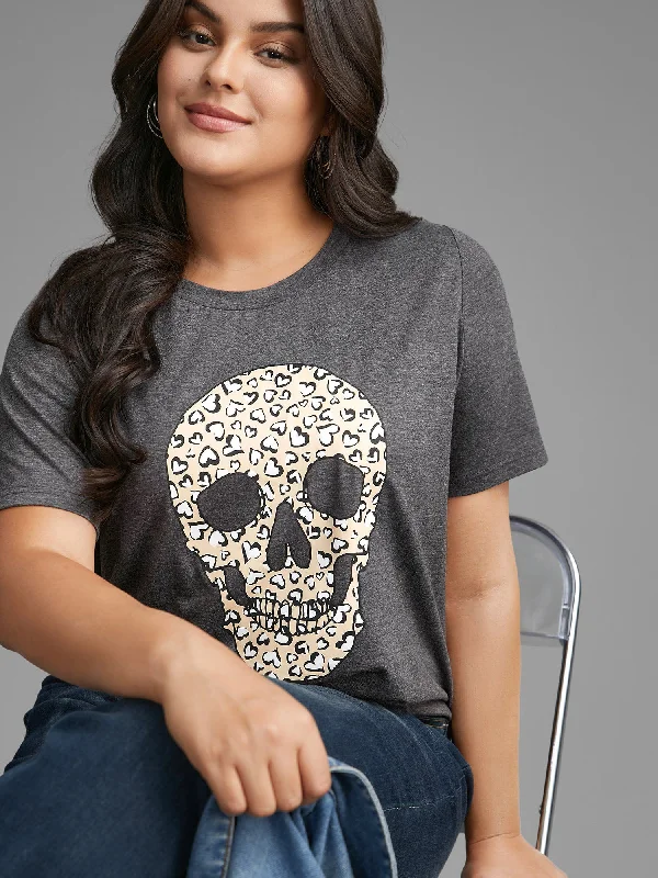 Crew Neck Skull Leopard Print T-shirt