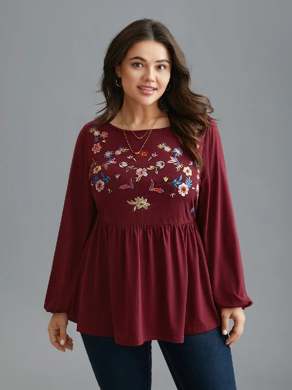 Floral Embroidery Gathered Lantern Sleeve T-shirt