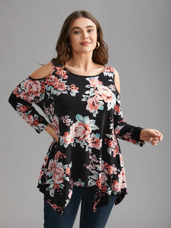 Floral Print Shoulder Cut-Out T-shirt