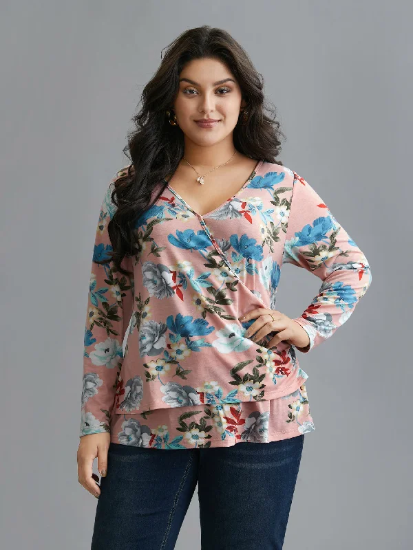 Floral Print Surplice Neck Knit Top