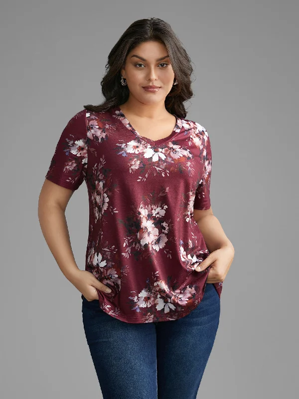 Floral Print V Neck Stretchy T-shirt