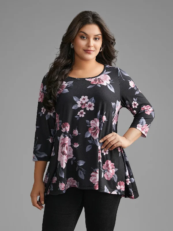 Floral Round Neck Asymmetrical Hem T-shirt