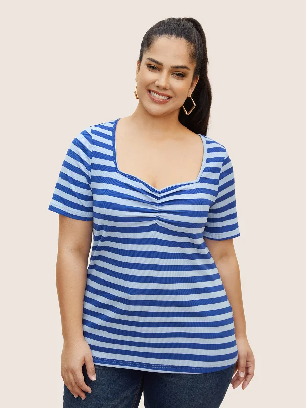 Heart Neckline Striped Pit Strip Ruched T-shirt