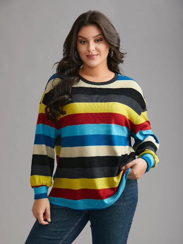 Multi-Color Striped Stretchy Crew Neck T-shirt