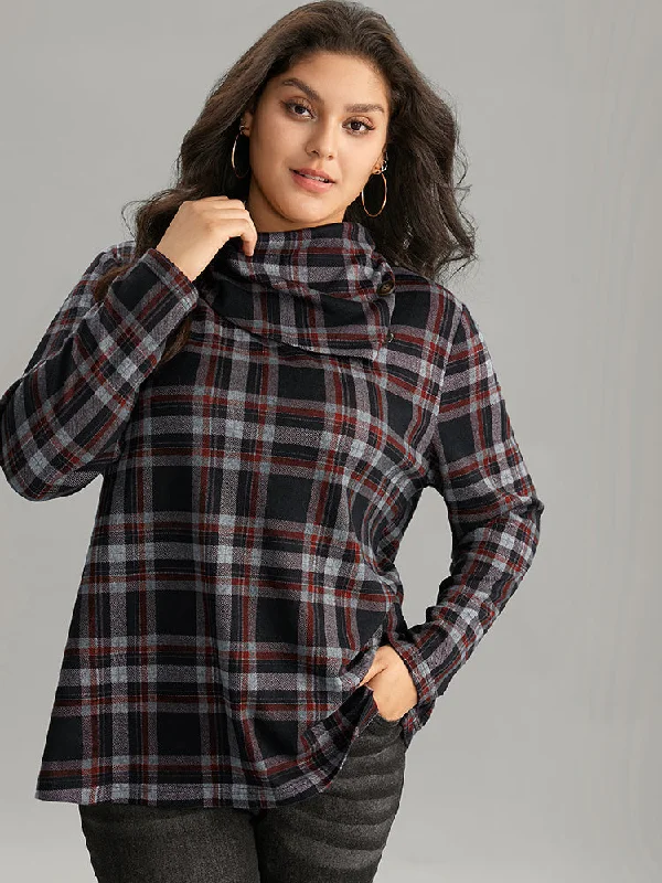 Plaid Funnel Neck Button Detail T-shirt