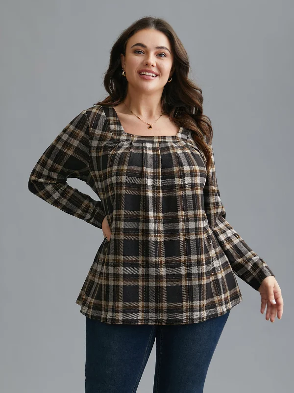 Plaid Pleated Square Neckline Knit Top