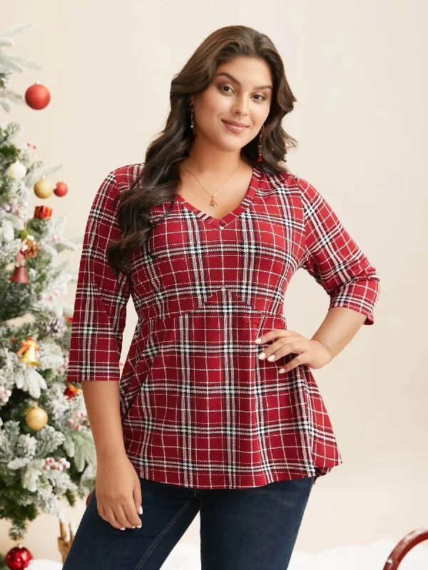 Plaid Quarter-Sleeve Elastic Waist Tee