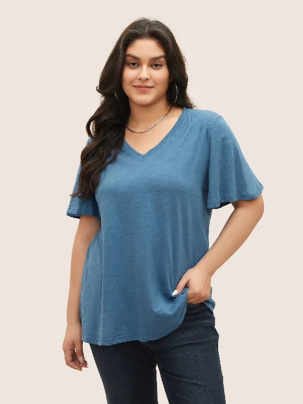 Plain Ruffle Sleeve Heather V Neck T-shirt