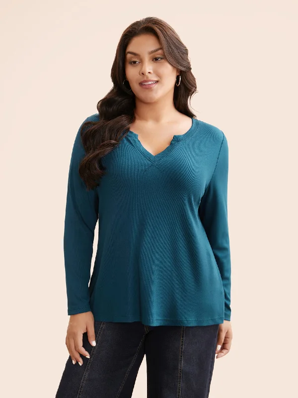 Solid Notched Collar Rib Knit T-shirt