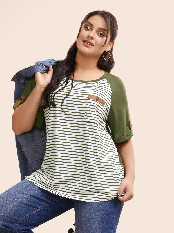 Striped Contrast Patched Pocket Roll Raglan Sleeve T-shirt