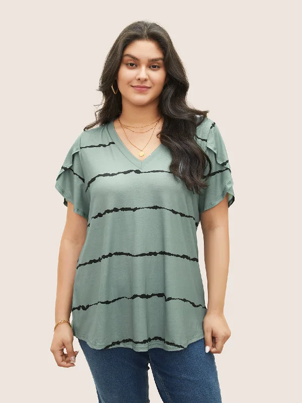 Striped Contrast Petal Sleeve T-shirt