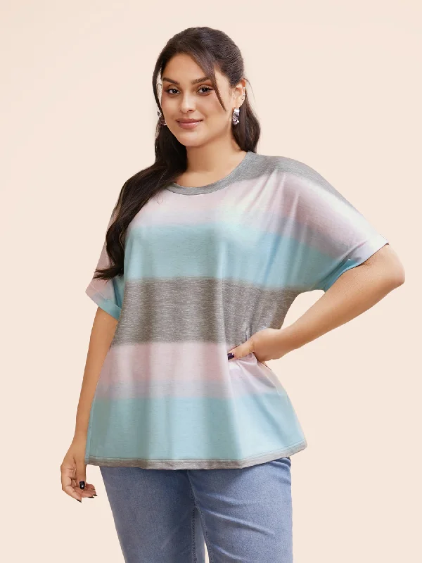 Striped Contrast Roll Dolman Sleeve T-shirt