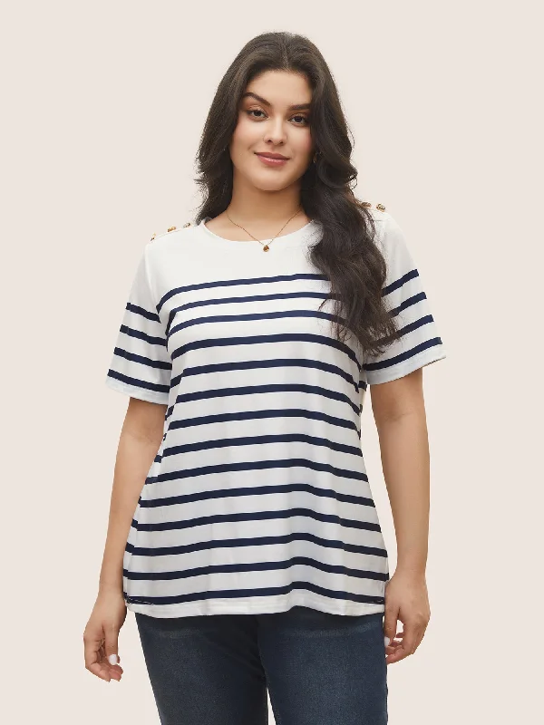 Striped Contrast Round Neck Button Detail T-shirt