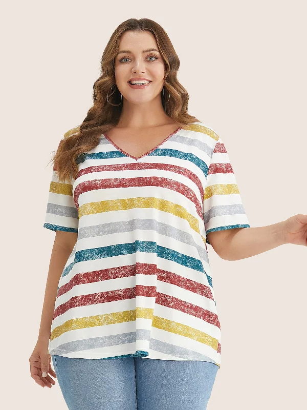 Striped Contrast V Neck T-shirt