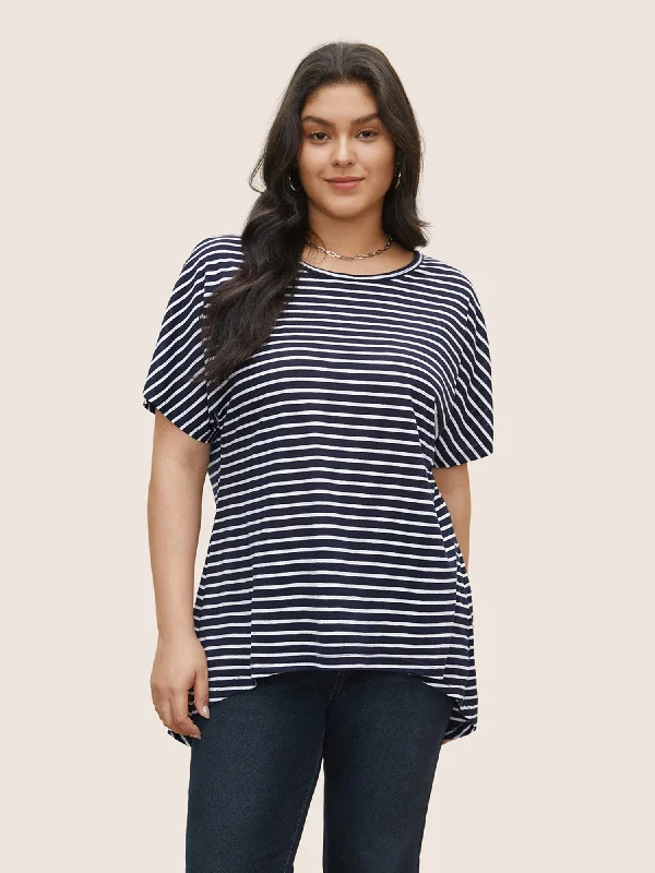 Striped Dolman Sleeve Curved Hem T-shirt