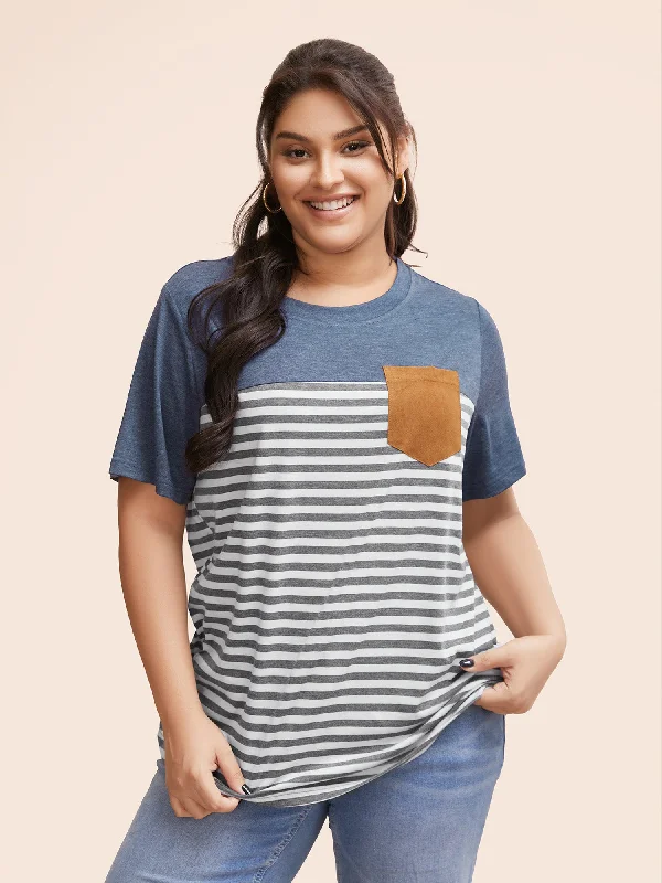 Striped Patchwork Round Neck Patched Pocket T-shirt