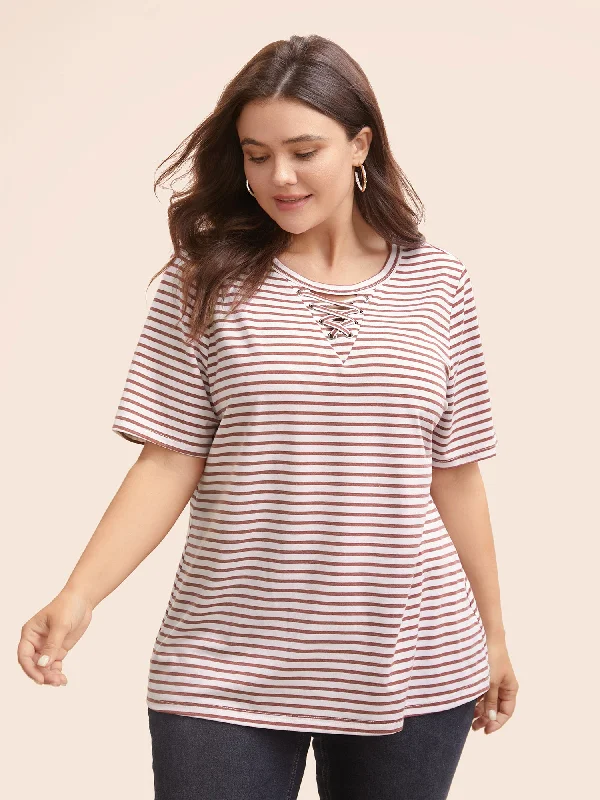 Striped Round Neck Crisscross T-shirt