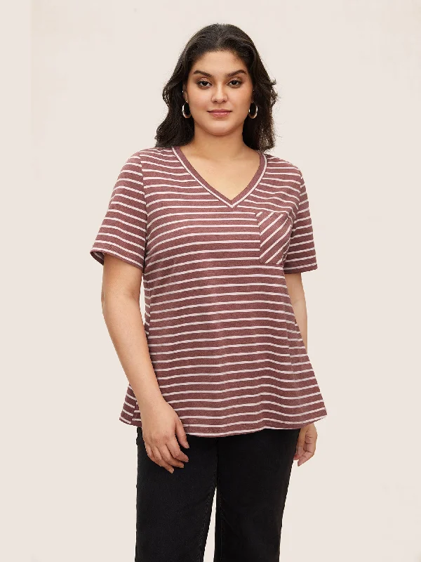 Striped V Neck Patch Pocket T-shirt