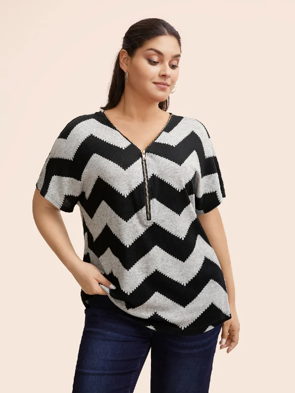 Striped Zipper Batwing Sleeve T-shirt