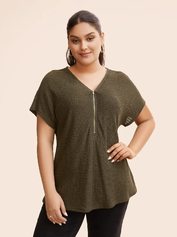 Texture Half Zip Batwing Sleeve T-shirt