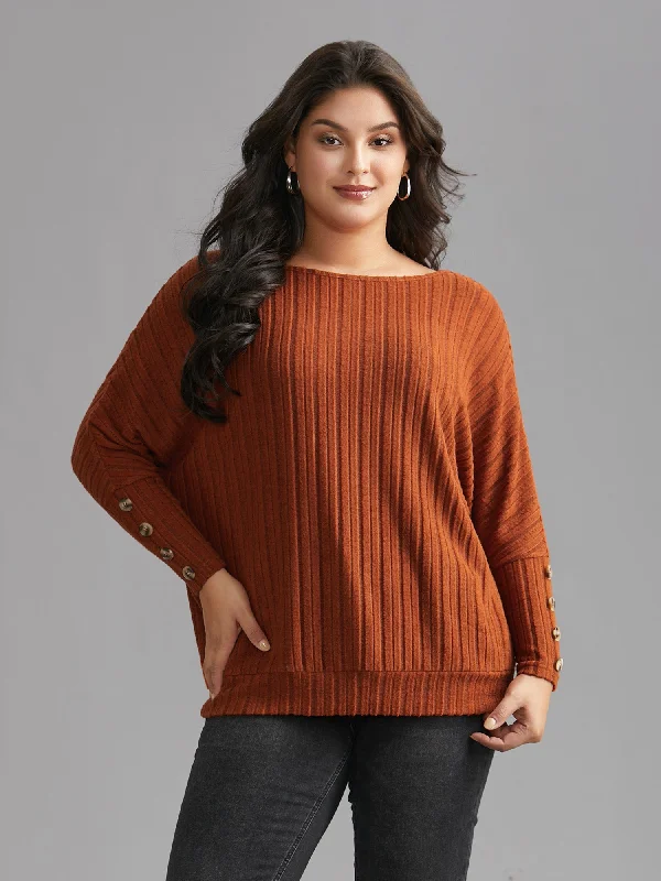 Textured Sleeves Buttons Round Neck Knit Top