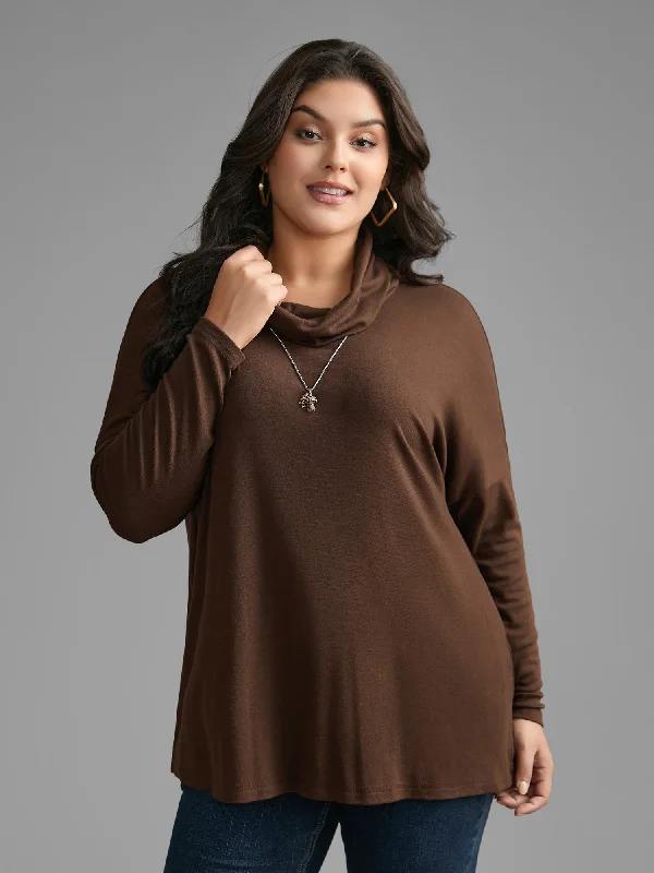 Turtleneck Dolman Sleeve Split Hem T-shirt