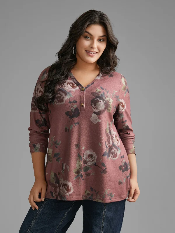 V Neck Floral Print Button Up T-shirt