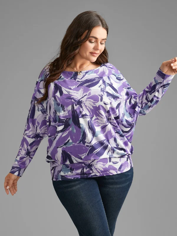 Watercolor Floral Boat Neck Batwing Sleeve Top