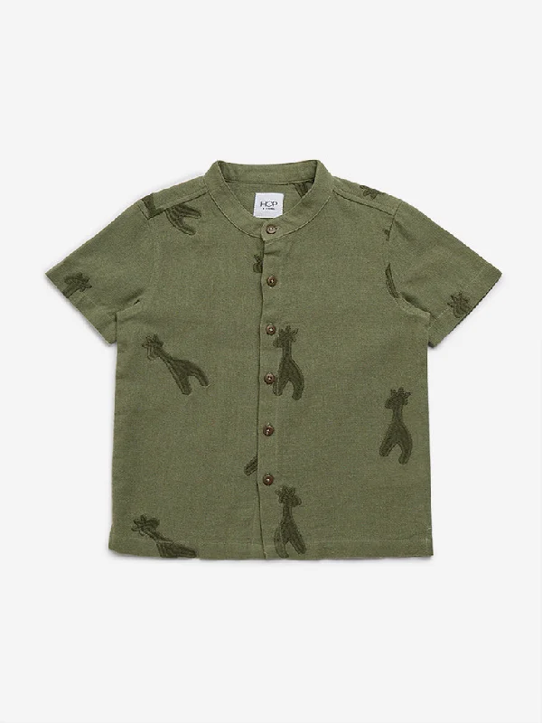 HOP Kids Olive Animal Embroidered Cotton Shirt