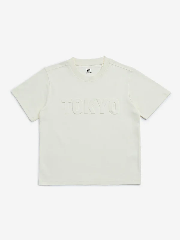 Y&F Kids Off-White Text Embossed Cotton T-Shirt