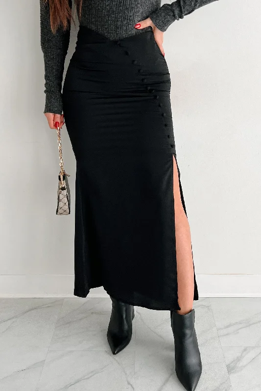 Aim To Succeed Button Detail Satin Maxi Skirt (Black)