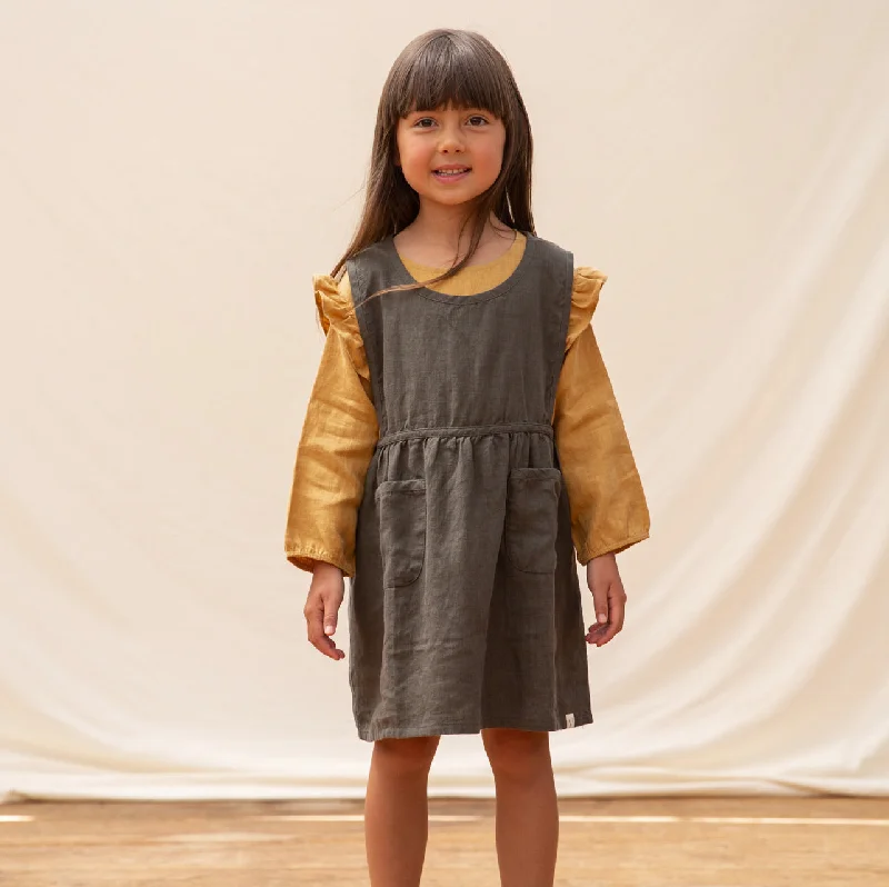 Nora Pinafore Dress in 100% Linen - Pine (3-10y)