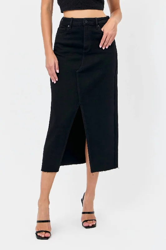 Peyton High Rise Denim Midi Skirt In Black