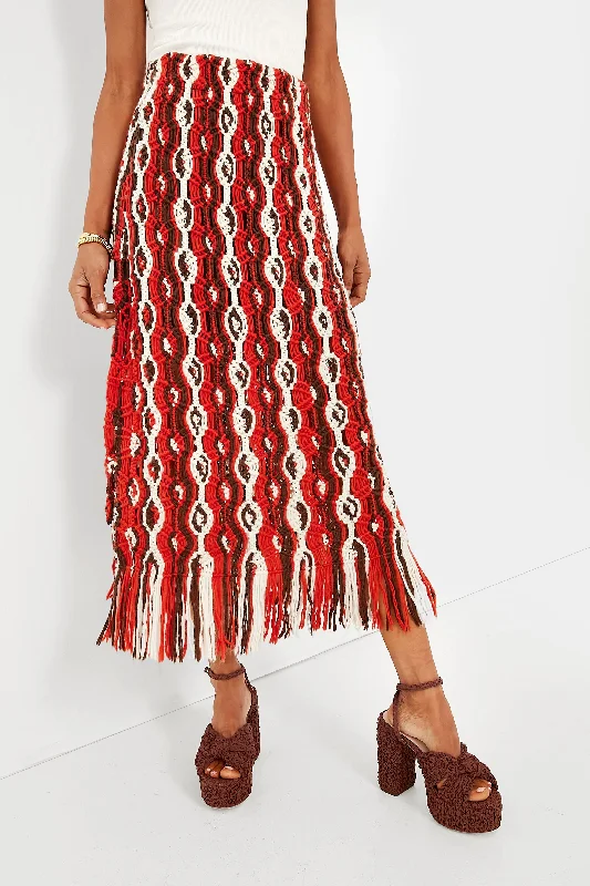 Red Drew Macrame Knit Skirt with Fringe