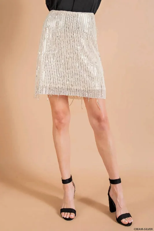 Sequined Mini Skirt In Cream-Silver