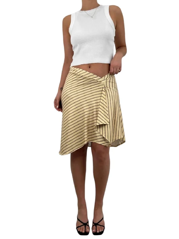 Striped V Front Ruffle Midi Skirt In Yellow And Brown