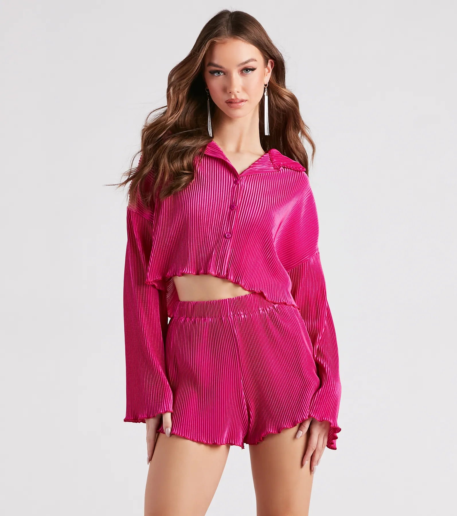 Just A Crush Satin Pleated Top And Shorts Set