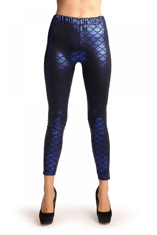 Dark Blue Shiny Mermaid Scales Leggings