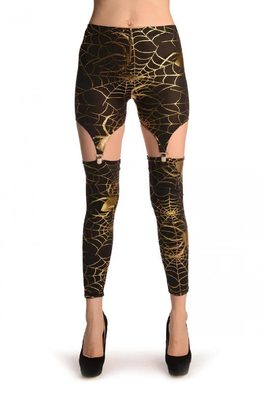 Gold Cobweb On Black Suspender Clip On Leggings (Halloween)