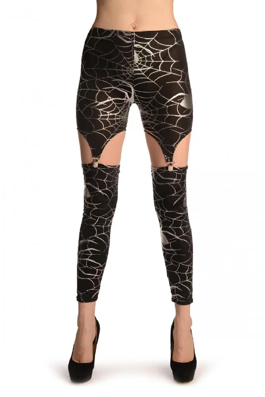 Silver Cobweb On Black Suspender Clip On Leggings (Halloween)